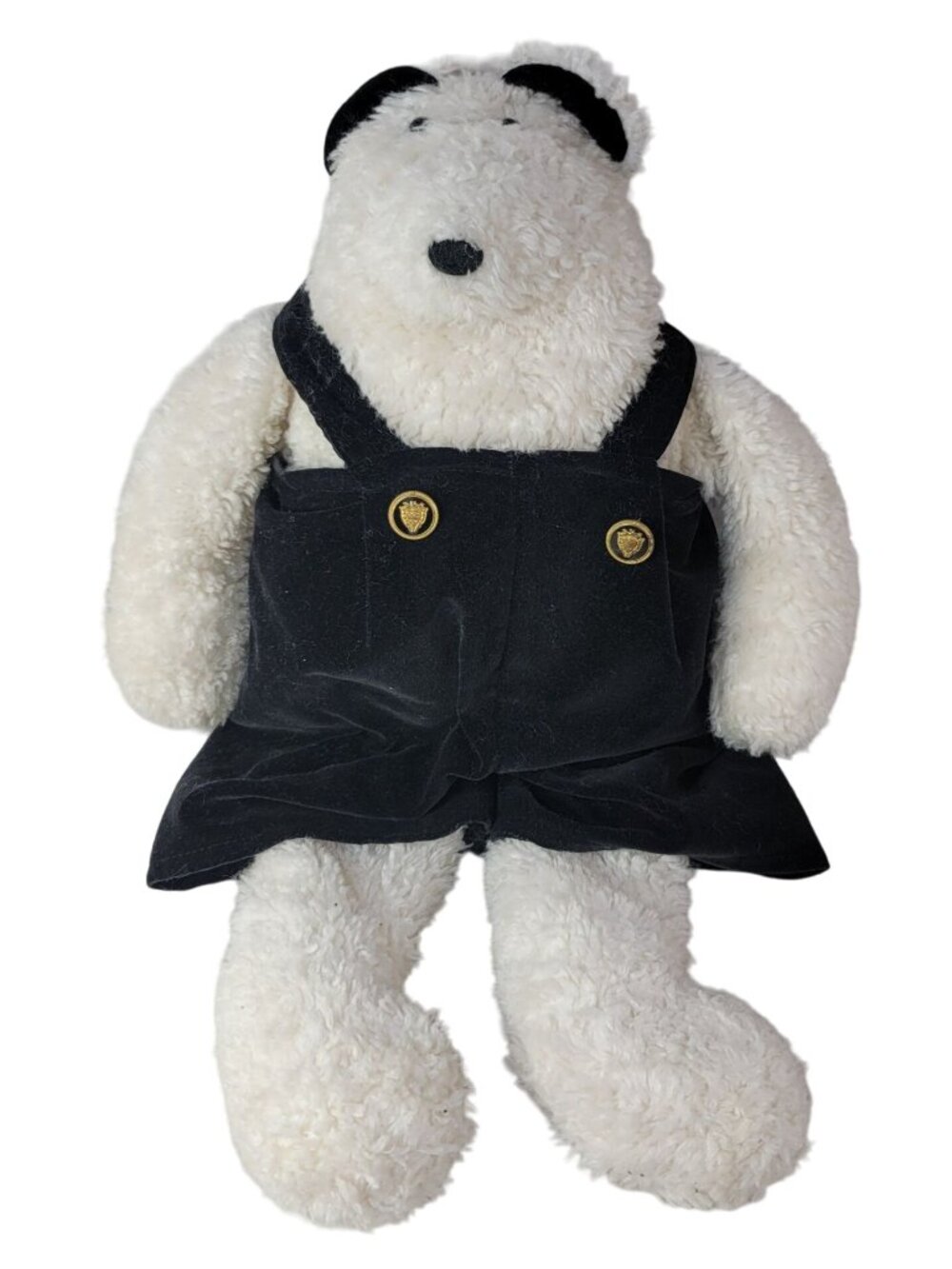 Woof & Poof Polar Bear Plush White 19" Black Velvet Overalls Gold Button Vintage